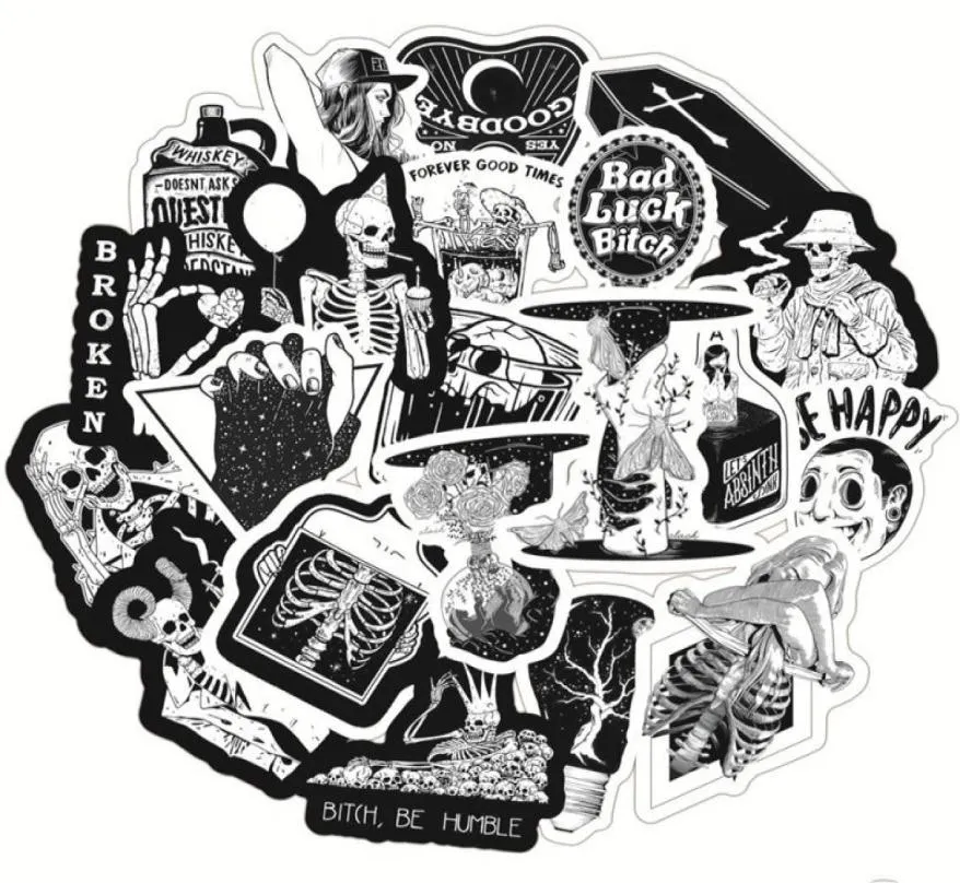 50pieceslot av punk svart skalle doodle klistermärken pvc vattentät kylskåp skateboard motorcykel dekorativ dekal klistermärke2062013