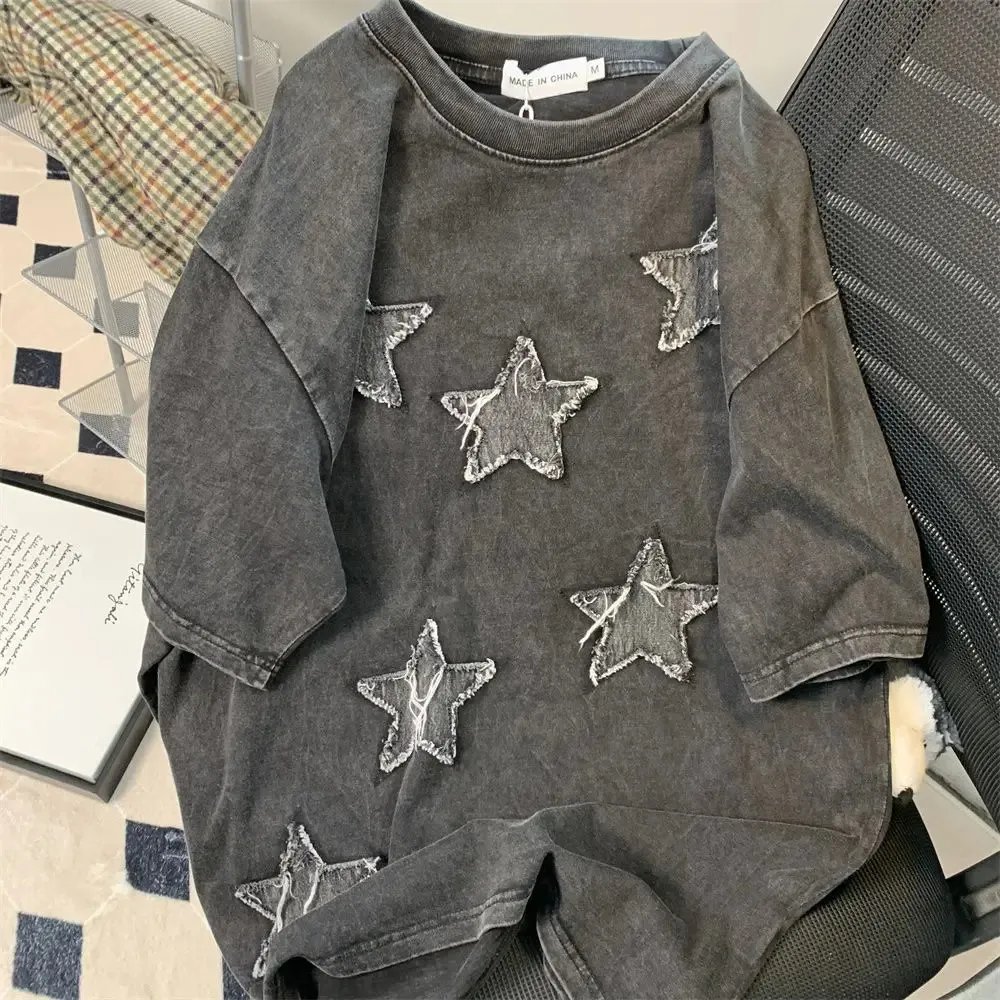 American Retro Autumn Starry Sky Mönster Design T-shirt Lämplig för män och kvinnor Korean Style Street Kort sömnpar 240426