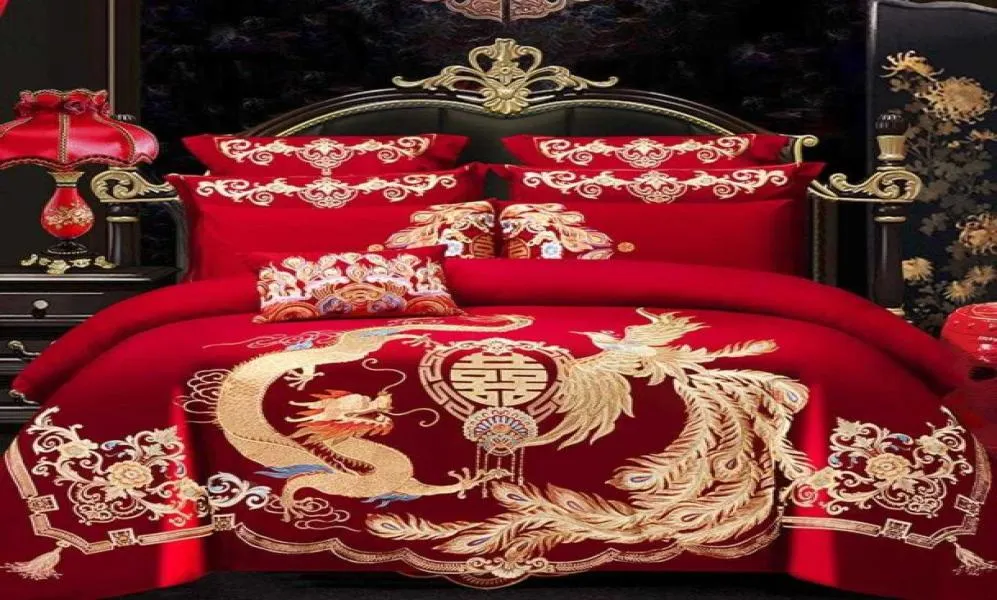 46pcs Luxus loong Phoenix Stickerei Rote Bettdeckelbettblatt Cotton Chinesische Hochzeitsbettbedeckung Betten Set Home Textile H6060954