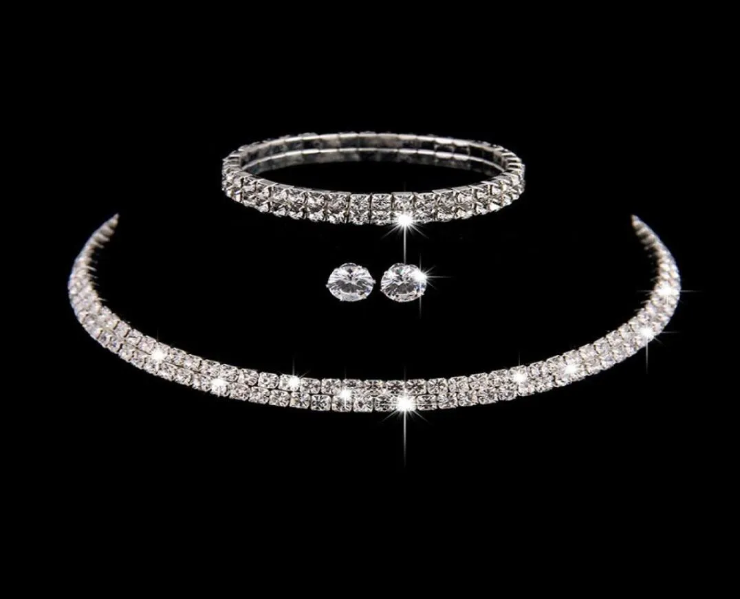 Silver Color Circle Crystal Bridal Bijoux Ensembles de perles africaines Collier de mariage en strass Boucles d'oreilles Bracelet pour femmes5560652