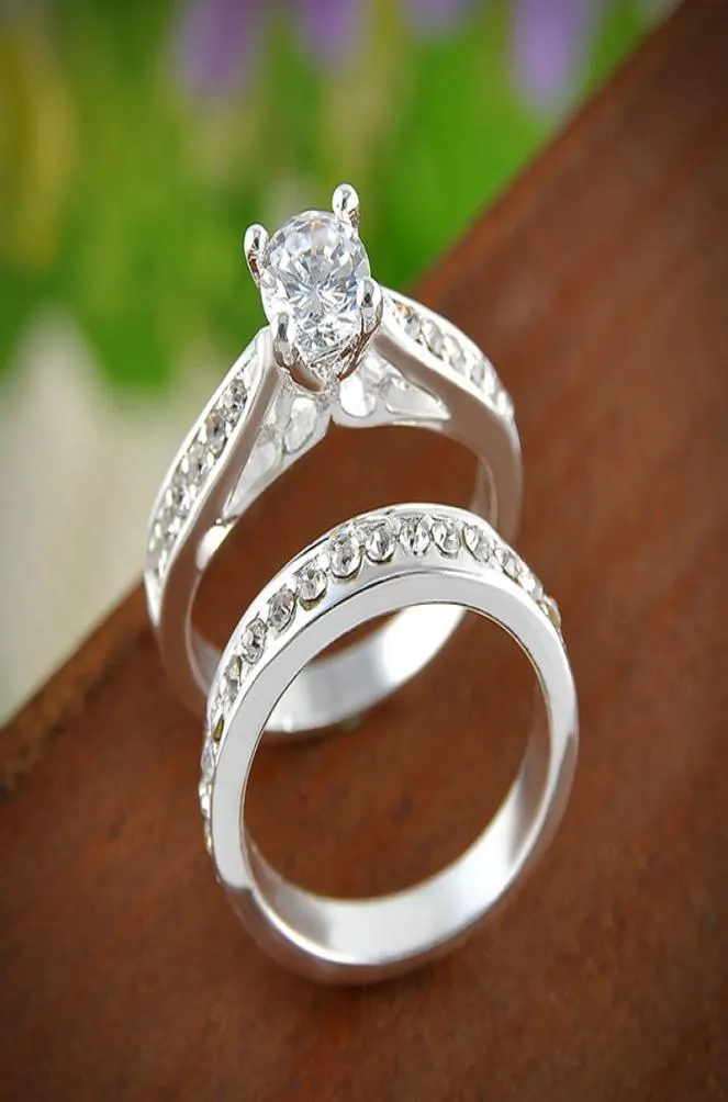 2PCSSet Charm Lovers Ring Bijoux Fashion Jewelry Bijoux Silver Crystal Engagement Wedding Rings For Women Men4457855
