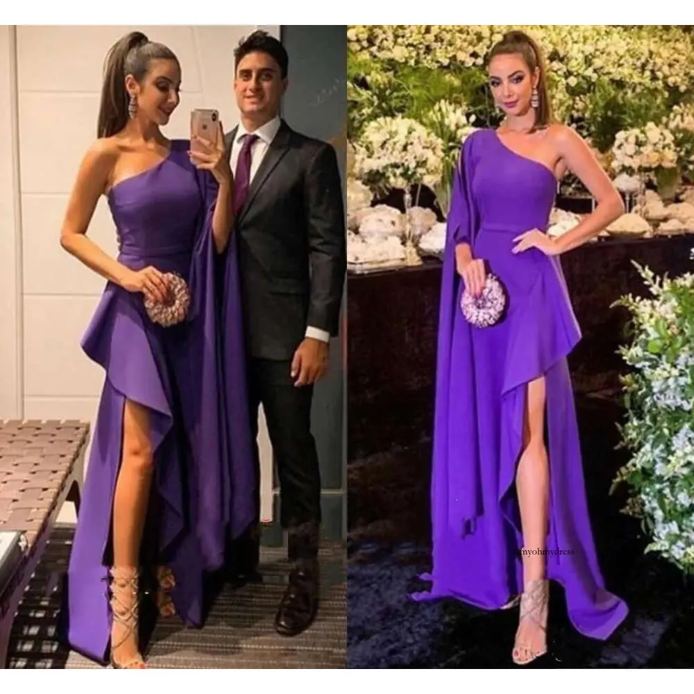 Elegante lange schede prom jurken een schoudervloer lengte hoge zijde gesplitste formele avondjurk feestjurken Pageant Celebrity Vestidos 0430