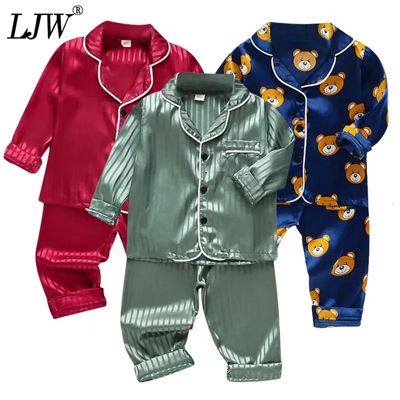 LJW Childrens Pajamas набор детского костюма детская одежда для мальчиков для мальчиков девочки шелковые шелковые атласные атласные брюки, установленные домашние ношения детей, пижама 240424