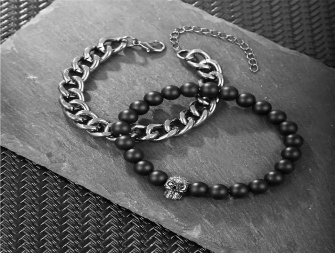 Brins de perles de mode Men de bracelet crâne bracelets de chaîne de bracelet 2pcset alliage perles de pierre naturelle bijoux amis pulseiras love bra1423065