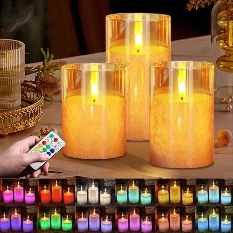 Velas sem chamas LED Luz com controle remoto Velas elétricas acrílico 12 cores Destas de casamento decoração 3 pc 240416