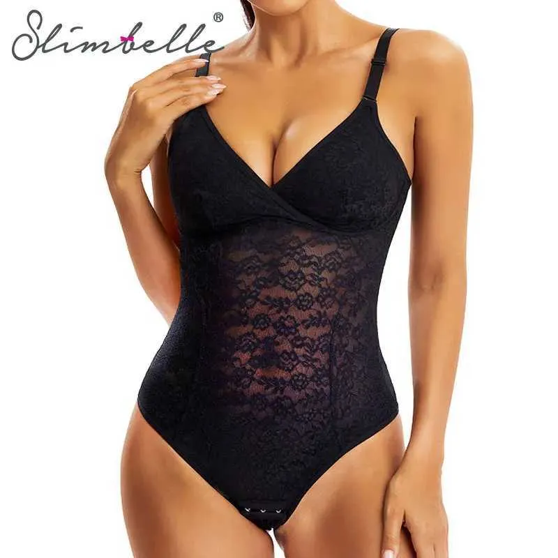 Damesjaberse dames kanten bodysuit buikregeling Camisole Shapewear Slelless Top Fajas Colombiaanas V-neck Backless jumpsuit Full Body Shaper Y240429