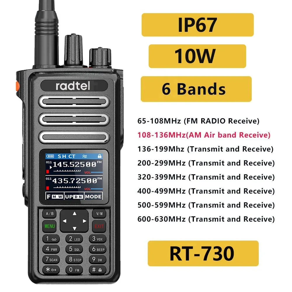 RADTEL RT-730 IP67 BANDA DE AR ARSOMENTO DE 10W WALKIE COMPLETA AMAGEM AMATO AMATEUR HAM 199CH HT USB-C Bateria NOAA FM AM UHF VHF SATCOM 240430