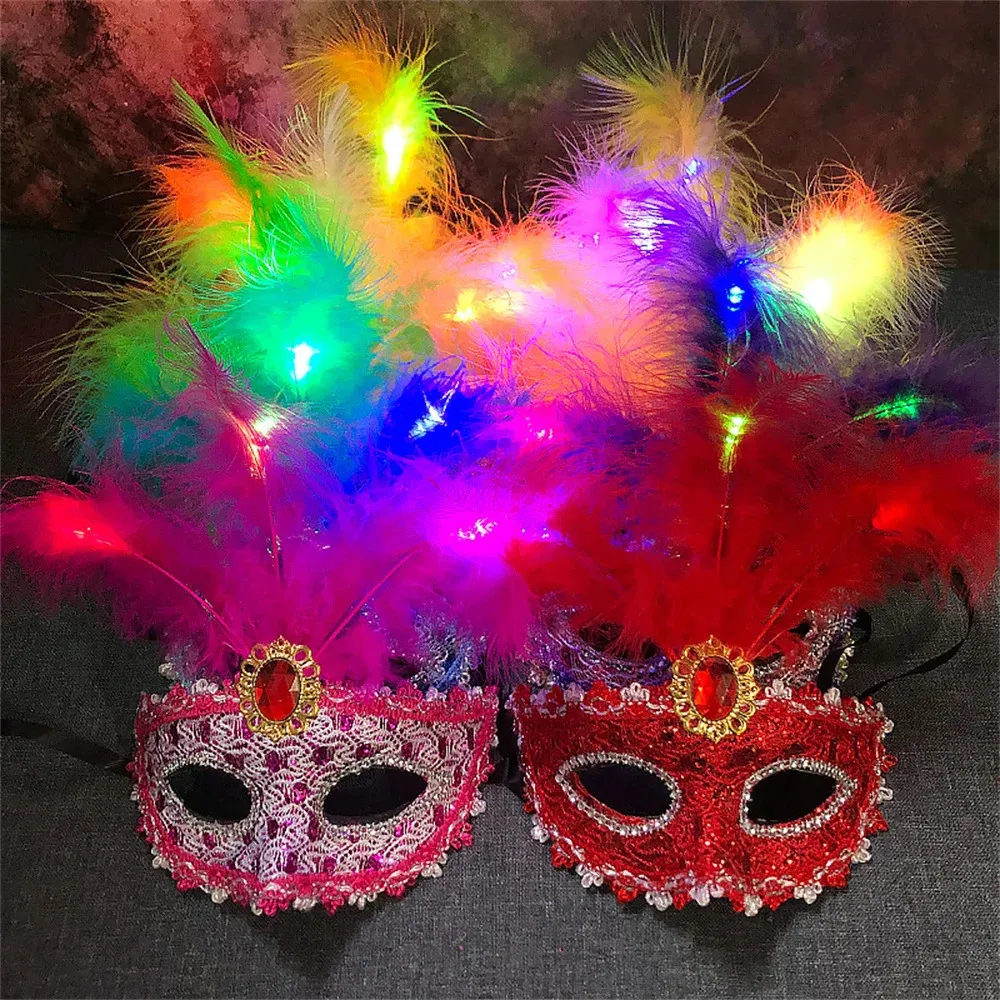 Veneziana Veneza Pena brilhante Máscaras LEDs Mulher Fancária dance Festa de olho Máscara de carnaval Halloween Masquerade Cosplay Costume 240430