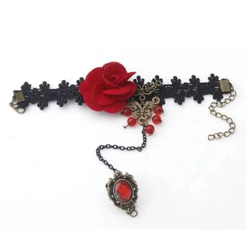 Chain Vintage Rose Bracelets Gothic Style Crystal Lace Bracelet With Ring Black Cosplay Costume Prop Ladies Bangles Jewelry Gift
