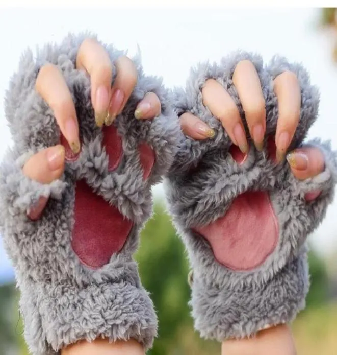 Frauen Mädchen Schöne Winter warme fingerlose Handschuhe y Bär Katze Plüschpfotenklaue Halbfinger Handschuhe Mitten New GB13242727910