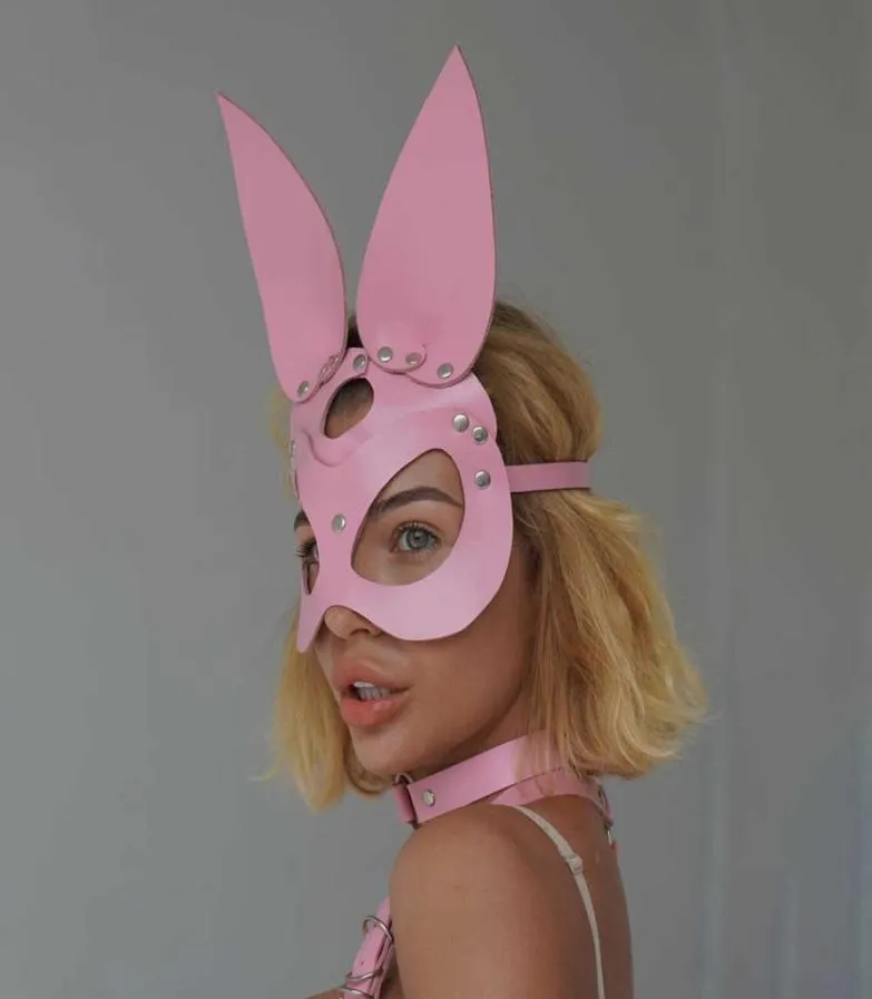 Sexy Cosplay Pink Bunny Leather Mask Bdsm Festival para adultos Festival Rave Halloween Tassel Masks Women Masquerade Carnival Party Mask Q08345870