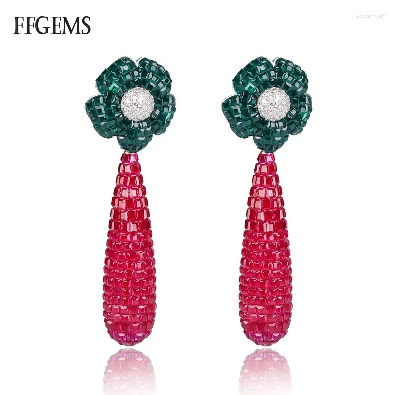 Boucles d'oreilles Stud Ffgems Design 925 Silver Drop Brow Bring Created Nano Ruby Emerald Bijoux pour les femmes Boîte-cadeau de fête de mariage de fiançailles