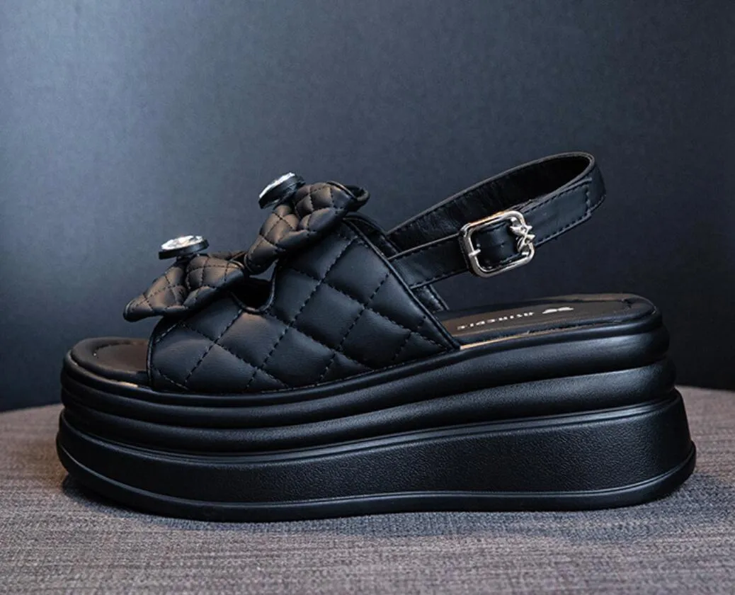 2024 Summer Women Sandal Wedge Shoes High Heels Platform Sliddes Designer Slippers Wedge Mule Sandaler Strap Wedges Shoes Bow and Rhinestone