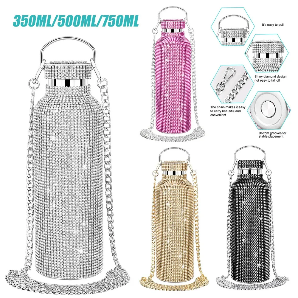 BLING Diamond THERMOS Bottiglie Glitter portatile Rhinestone Bottle Acqua Croce in acciaio inossidabile Blassa termica 350ML500ML750ML 240429