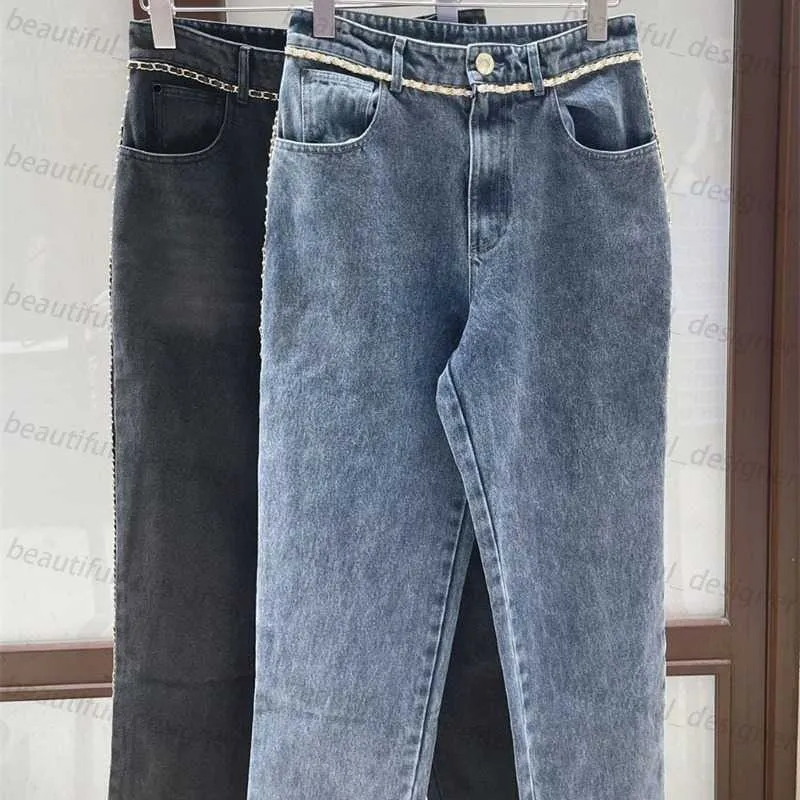 Projektantka mody damskie dżinsy 2024 Wczesna wiosna nowa elegancka, długą krawędź dekoracyjne małe dżinsy z prostymi nogami