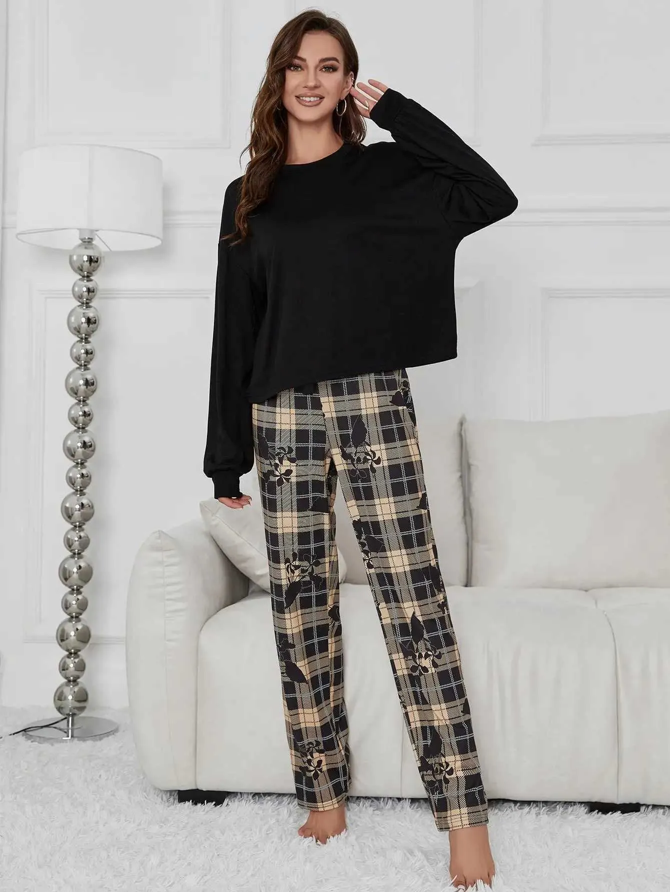 Abbigliamento il sonno da donna Donne Piajama Set Solid Long Slve Pantaloni a quadri a flusso integrale Panda Stampa 2 pezzi Slpwear Female Nightwear Homwear Cloth Y240426