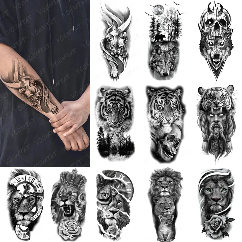 Tiger Lion Wolf étanche à tatouage temporaire étanche pour hommes transfert tribal flash tatoo bras manche art corporel faux 240423