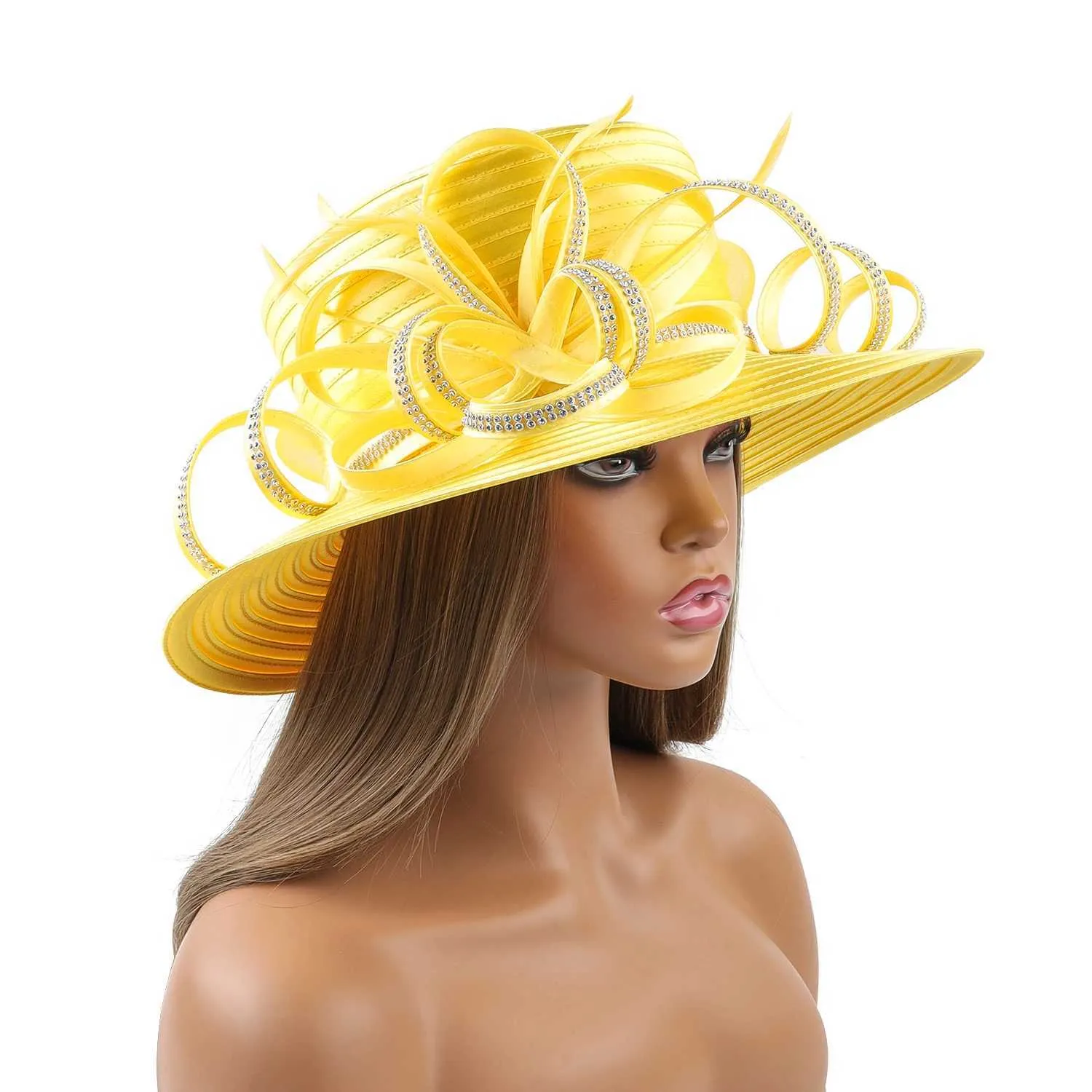 Wide Brim Hats Bucket Hats Yellow Fashion Satin Cloth Church Hat