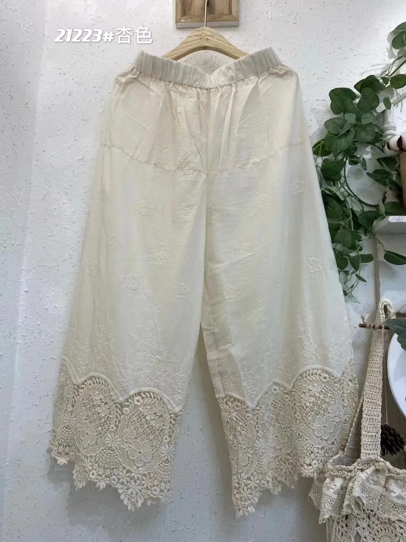 Women's Pants Summer Sweet Embroidery Wide Leg Hollow Elastic Waist Loose Thin Cotton Calf Length Under The Skirt