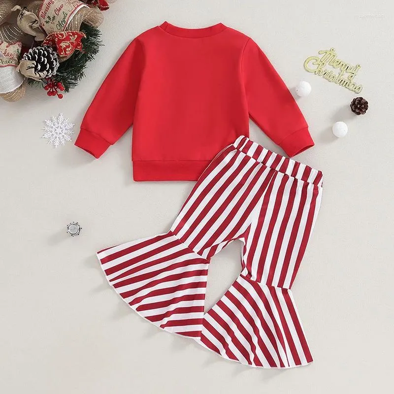 Kläduppsättningar Småbarn Baby Girl Christmas Outfits 2T 4T Fall Winter Clothes Letter Crewneck Sweatshirt randiga flare Pants Set