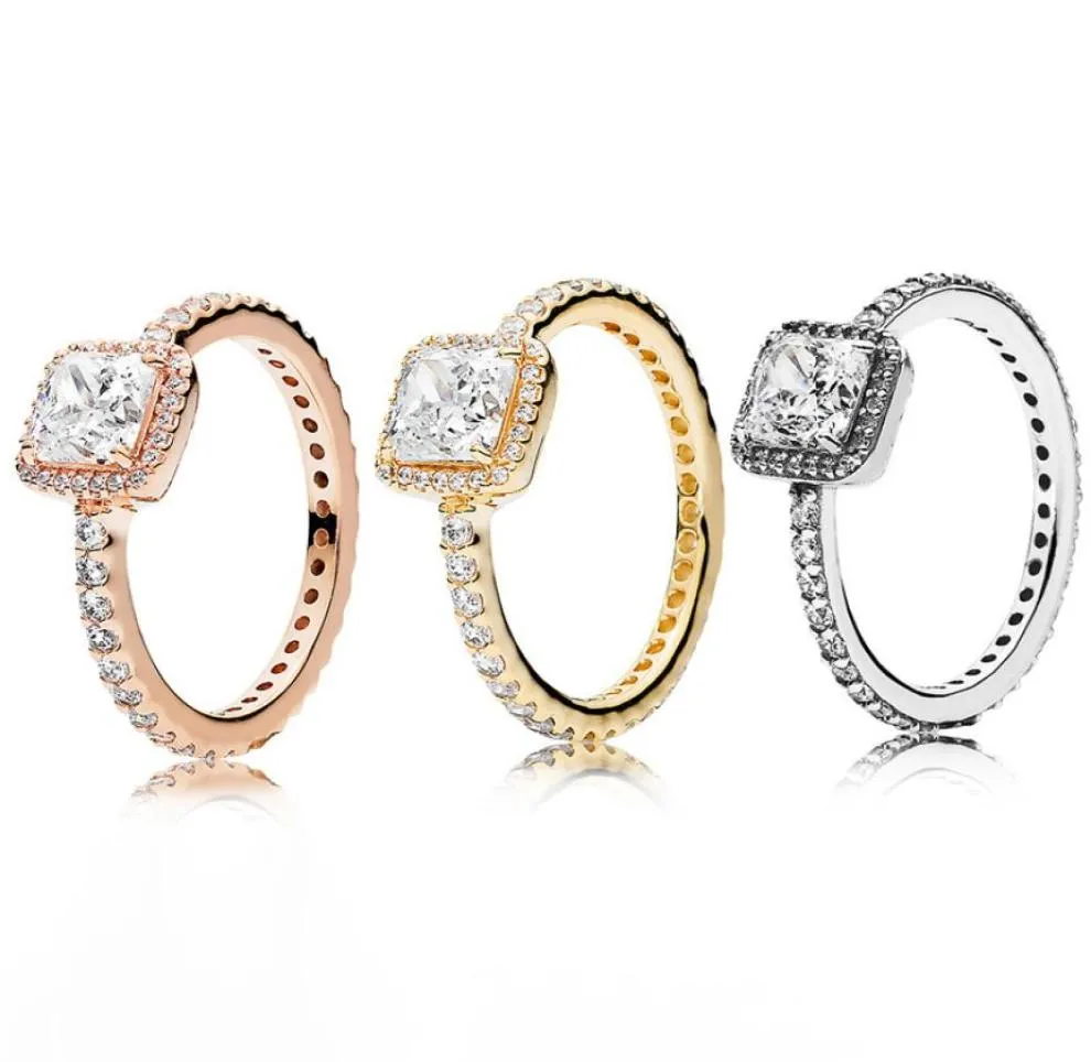 ROSE Gold Square Sparkle Halo Ring mit Originalschachtel für P Real Sterling Silber Hochzeitsfeier Schmuck für Frauen Freundin Geschenk CZ Diamond Rings3603841