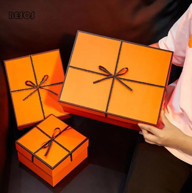 Luxury Large Orange Silk Bow Ribbon Gift Box Party Wedding Wallet Scarf selling Cardboard Packaging Decorative Gift Box8054188