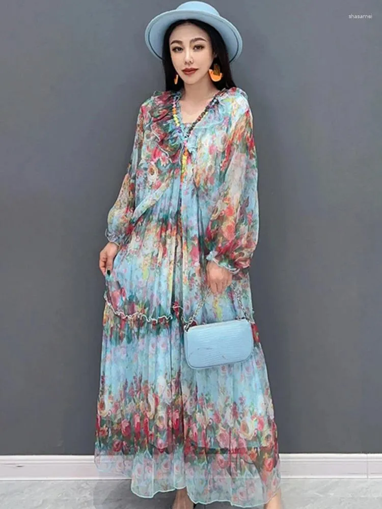 Vestidos casuais Qing Mo 2024 Spring Summer Summer Chiffon Blue impresso Vestido Fairy Air Salia longa Moda de decote em V e elegância WZT024