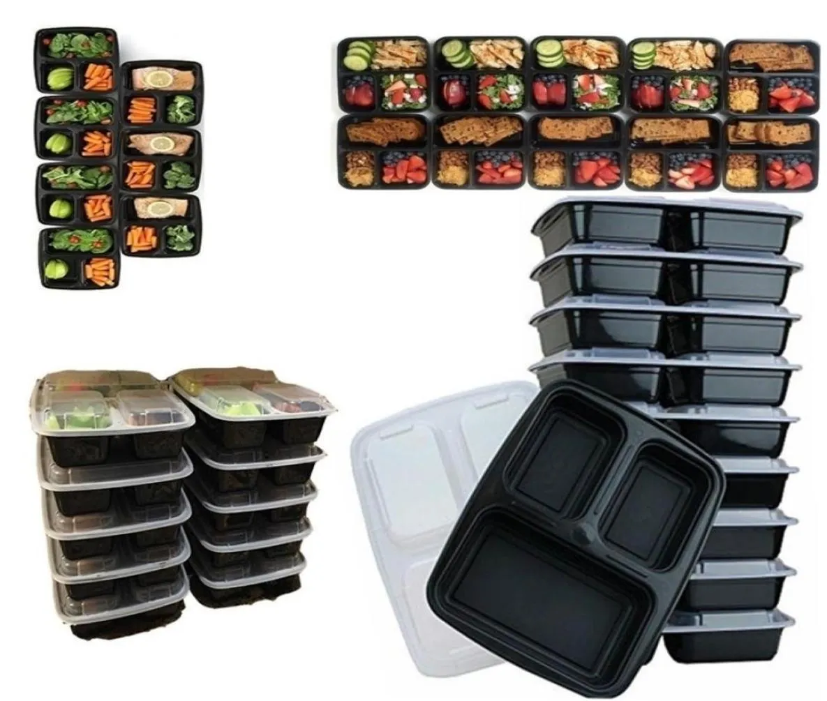 10PCS -Mahlzeitenbereitungsbehälter für Plastik für Plastiklager mit wiederverwendbarem Mikrowellen -3 -Kompartiment mit Deckel LJ2008122032521