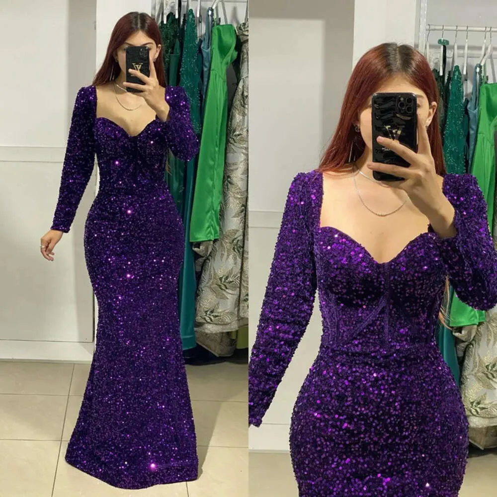 Mermaid Muslim Evening Sleeves Sequins Purples Dresses Party Prom Sweep Train Long Dress For Special Ocn