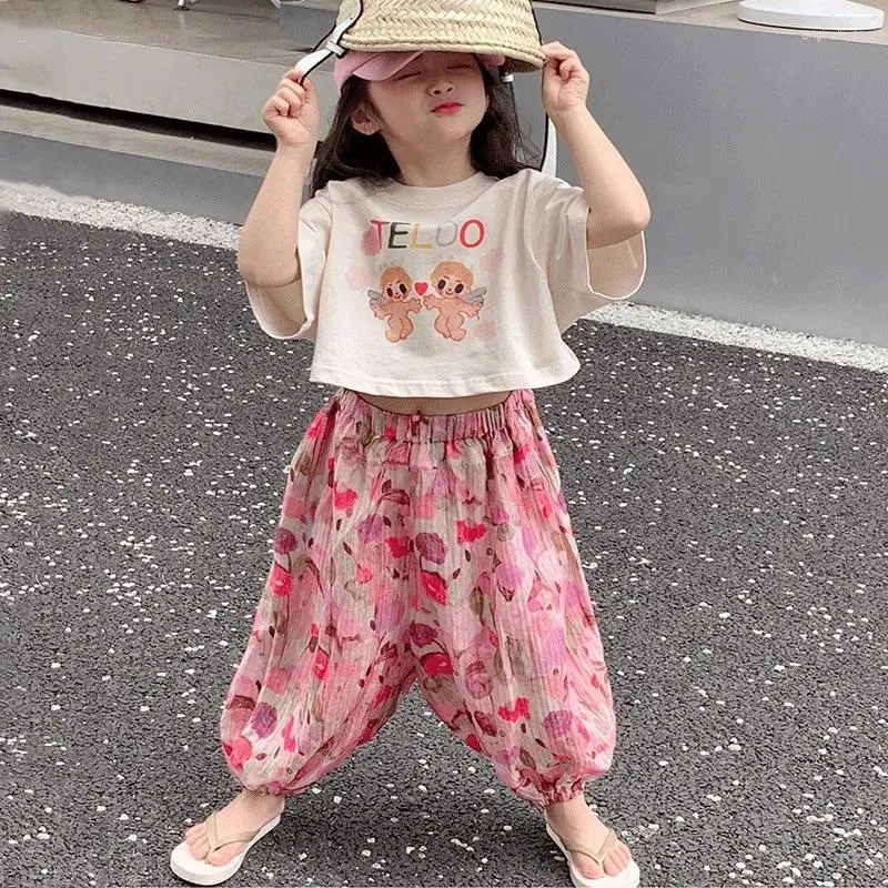 Clothing Sets Girls T-Shirt Lantern Pants 2Pcs Clothes Kids Summer Cartoon Tops Mosquito Prevention Trousers Suits Casual 1-8 Y
