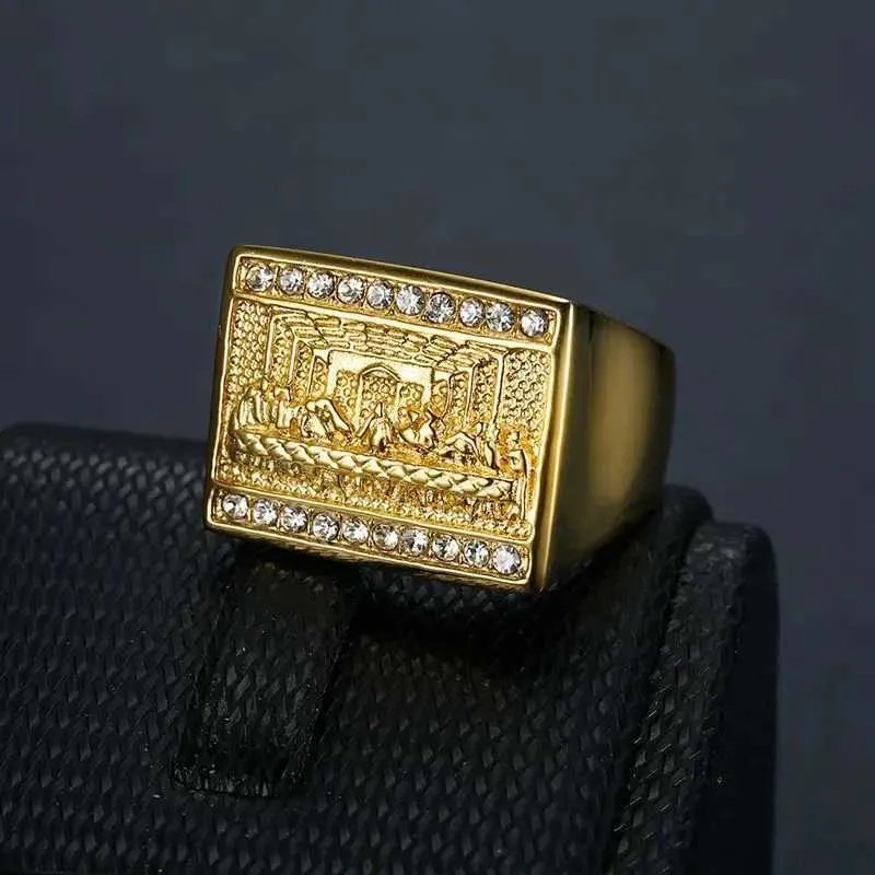 Titânio de aço inoxidável da banda A última ceia Dinner Paintluxury Gold Bated Hip Hop Square Rings for Men Women Gift Jewelry J240429