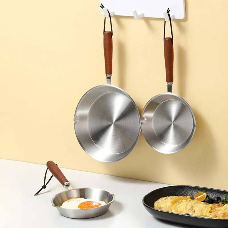 Pans Stainless Steel Fry Pan With Wooden Handle Kitchen Cookware Egg Frying Butter Warmer Nonstick Pot For All Stovetops