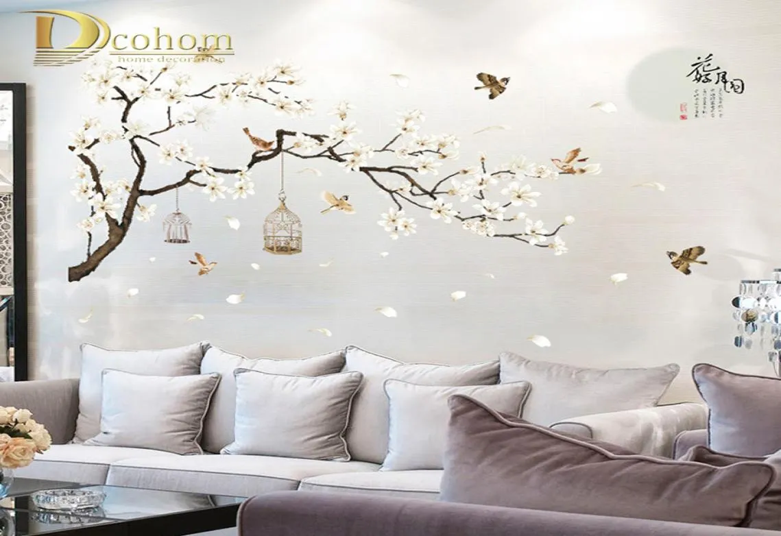 Chinese Style White Magnolia Wall Sticker Bird Flower Wall Decals Living Room TV Background Decorative Full Moon Art Mural D1901091958401