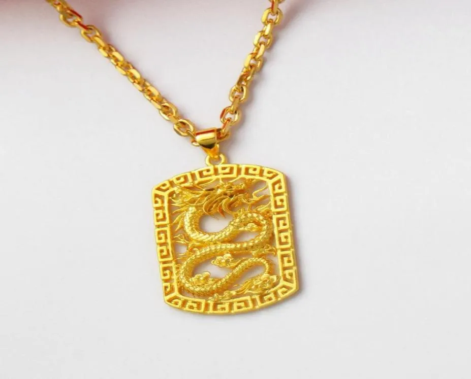 Dragon Pattern Square Pendant Chain 18k Jaune Gold rempli Mens Cool Pendant Collier Fashion Style3142303