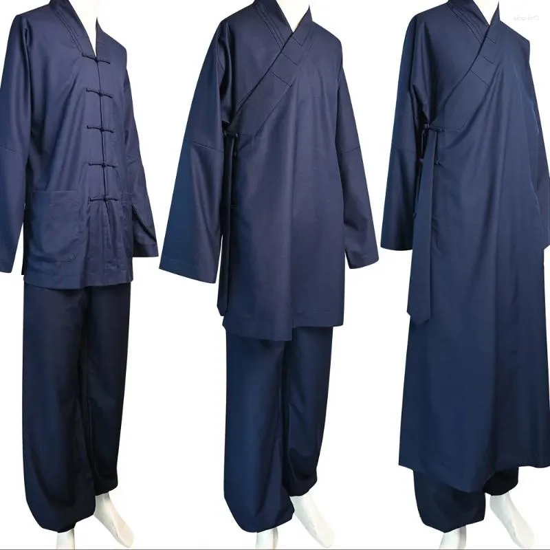 Roupas étnicas primavera outono chinês tendência serge tecido tai chi taoísta homens mulheres túnica longa robe unissex calça de casaco de autocultivação
