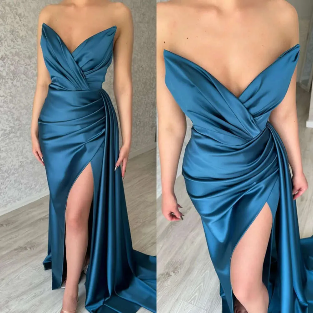 Neck Prom Dresses V Glamourous Blue Navy Satin Evening Gowns Pleats Slit Formal Long Special Ocn Party Dress