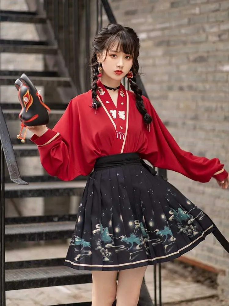 Vêtements ethniques Collier Stand-up Style chinois Hanfu Ming Dynasty Horse Face Pony Jirt printemps et été mignon broderie Lolita Kawaii pastel