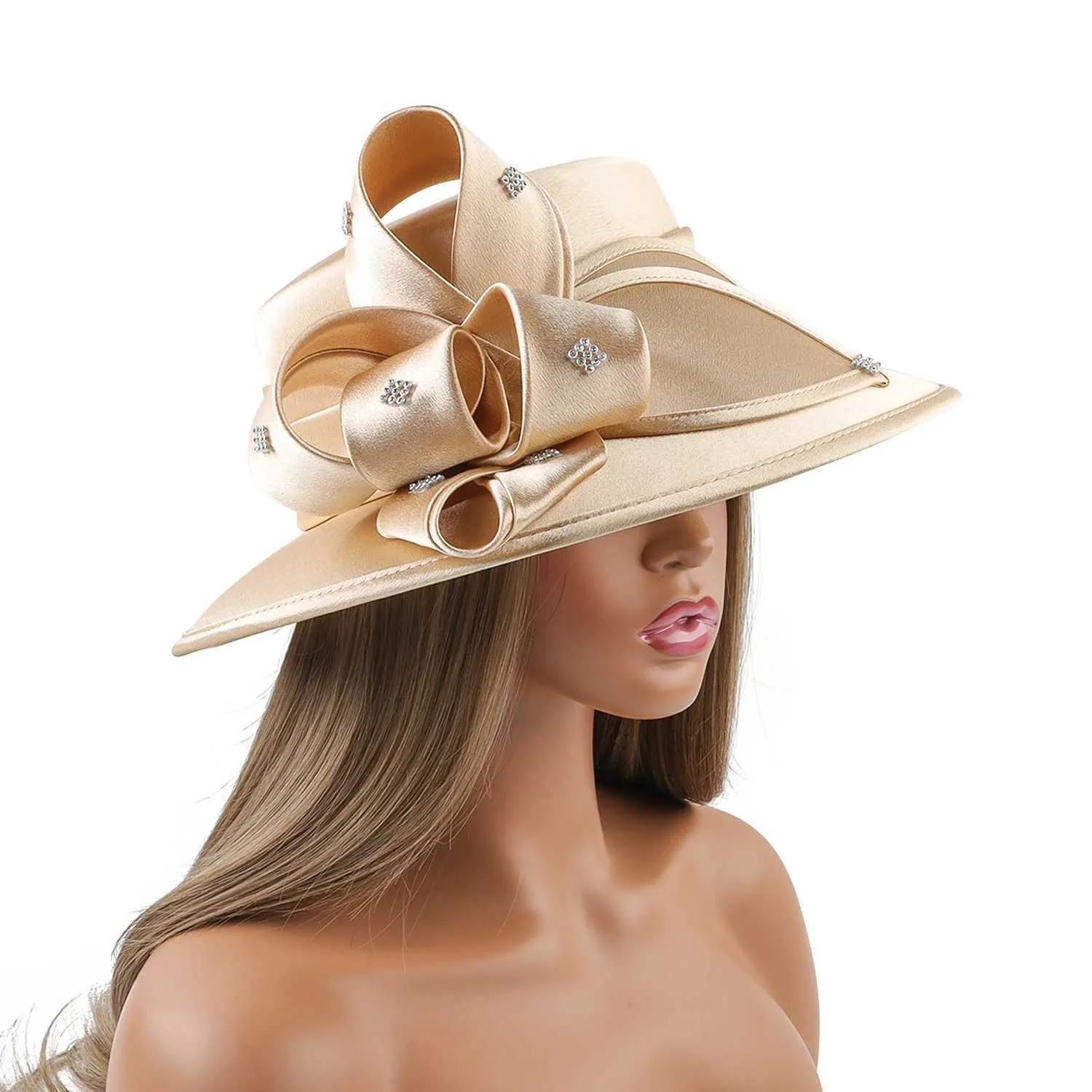 Badgley Mischka Womens Funeral Church Tea Hat Wide Brim Flora Metallic Gold Organza Church Hat Wedding Tea Party Derby Hats for Elegant  main image 2