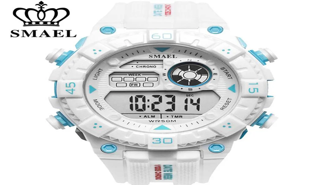 Smael White Men039S Watch Sport Orologi casual Orologi Waterproof LED impermeabili Luminio Shock Alarm Alarm Shock Auto Date Watch A4575230