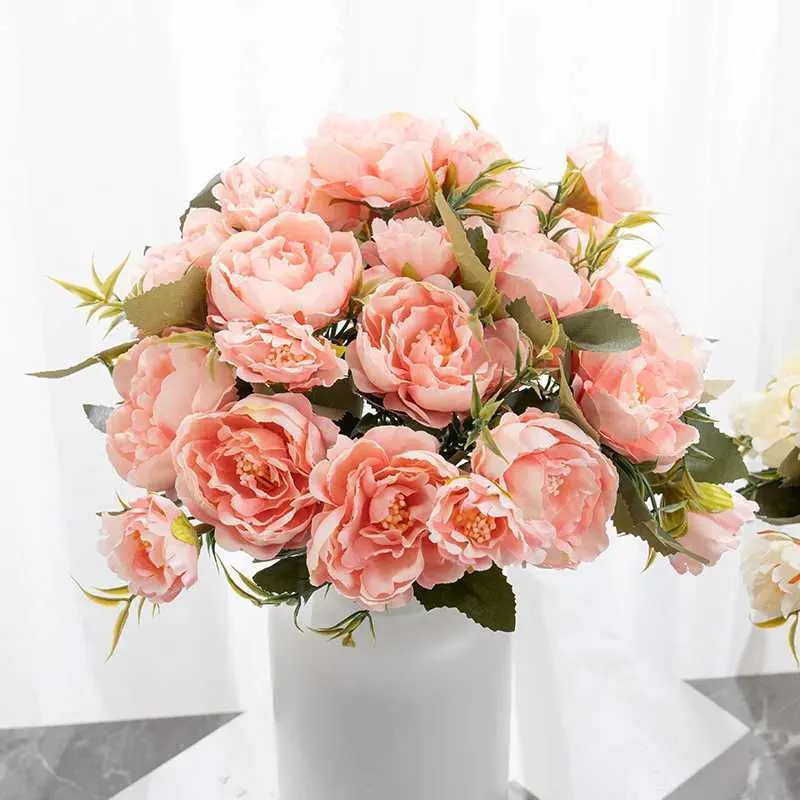 Getrocknete Blumen 5 Kopf Künstliche Blumen Vintage European Pretty Bride Bouquet Hochzeit Seidenrosa Pink Pfingstros