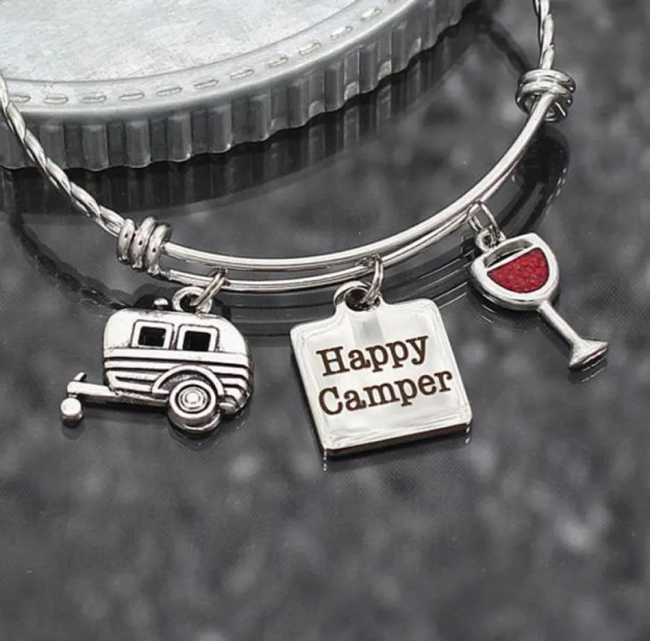 8pcslot Happy Camper Armband Camping Present RV Travel Trailer Charm Rostfritt stål Justerbart Bangle Glamping Jewelry Gift1443219