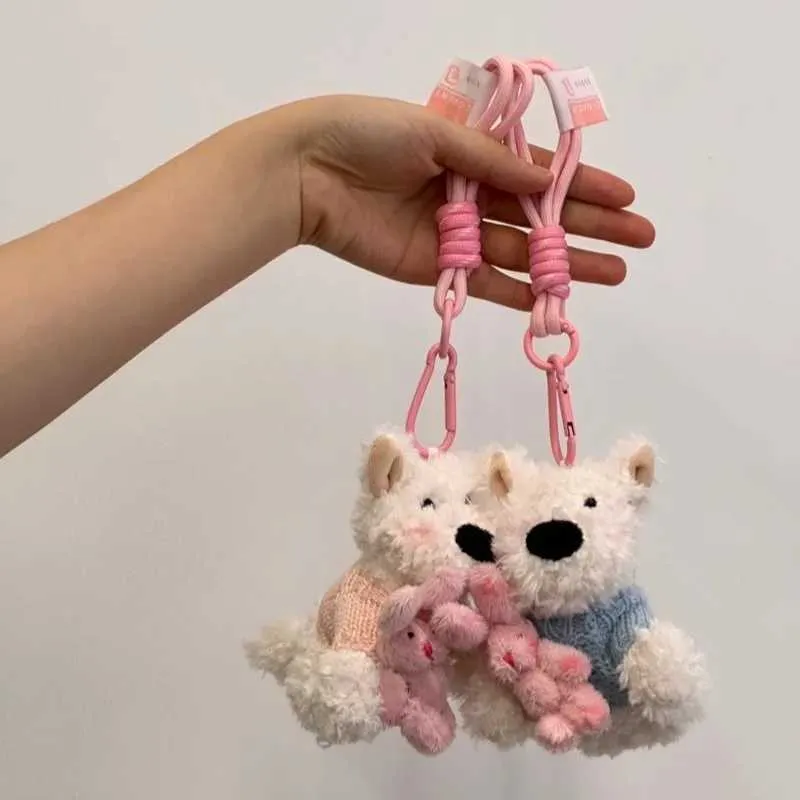 Nyckelringar Lanyards Söt vit valp Plush Keychain Cartoon Puppy Doll Nyckelring för väskan Pendant Creative Fur Puppy Filling Keychain för gåvor Q240429