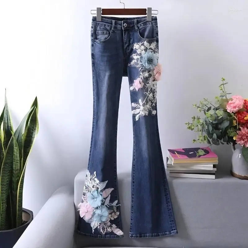 Women's Jeans Fashion Spring Women Flare Pants Vintage Floral Embroidery Long Trouser Highstreet Wide Leg Denim U160