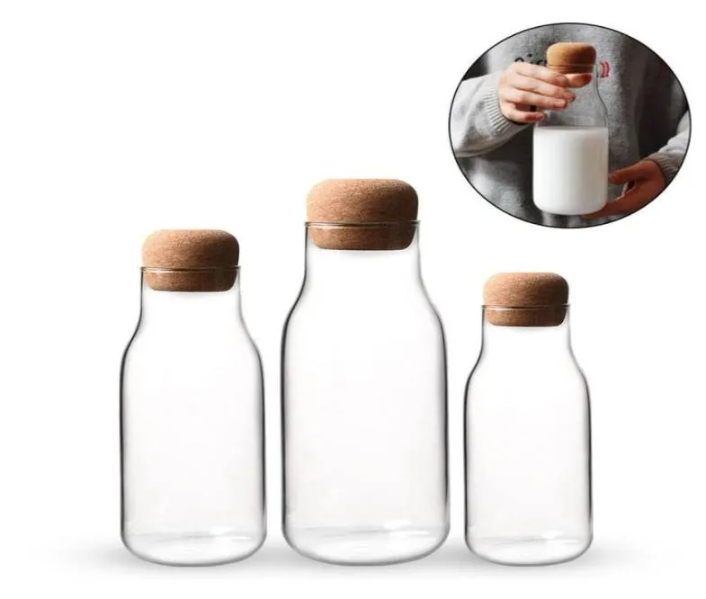 Nueva botella de vidrio de corcho con botella de jugo de leche resistente al calor de almacenamiento transparente de almacenamiento de café sellado Drop3718421