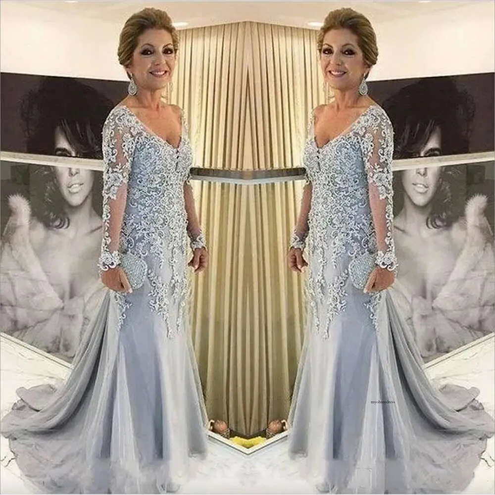 Nueva sirena moderna de encaje madre de la novia ilusión mangas largas sexy elegantes vestidos formales vespers vestidos de invitado de boda barato 0431