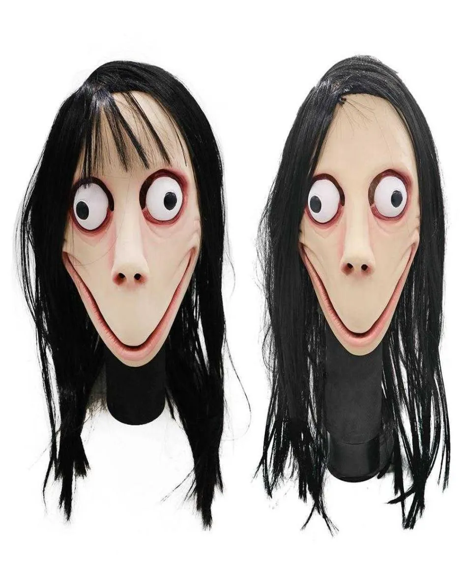 Funny Scary Momo Hacking Game Cosplay Mask Adult Full Head Halloween Ghost Momo Latex Mask With Wigs Big Eyes And Long Wigs Y09131528609
