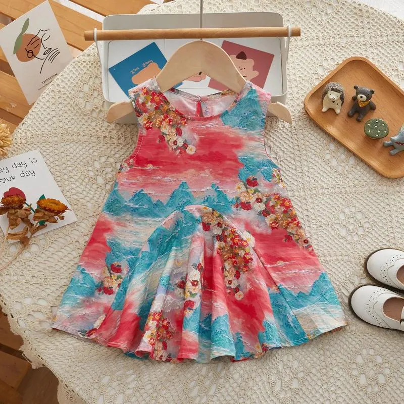 Vestidos de menina vestido de colete de menina verão de estilo chinês mangas roupas de bebê para crianças roupas 2024