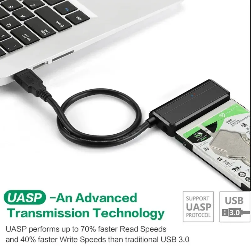 Câble SATA à USB3.0, adaptateur de disque dur USB 3.0 à SATA compatible pour 2,5 3,5 HDD / SSD Disque de disque dur avec puissance, support Uasp