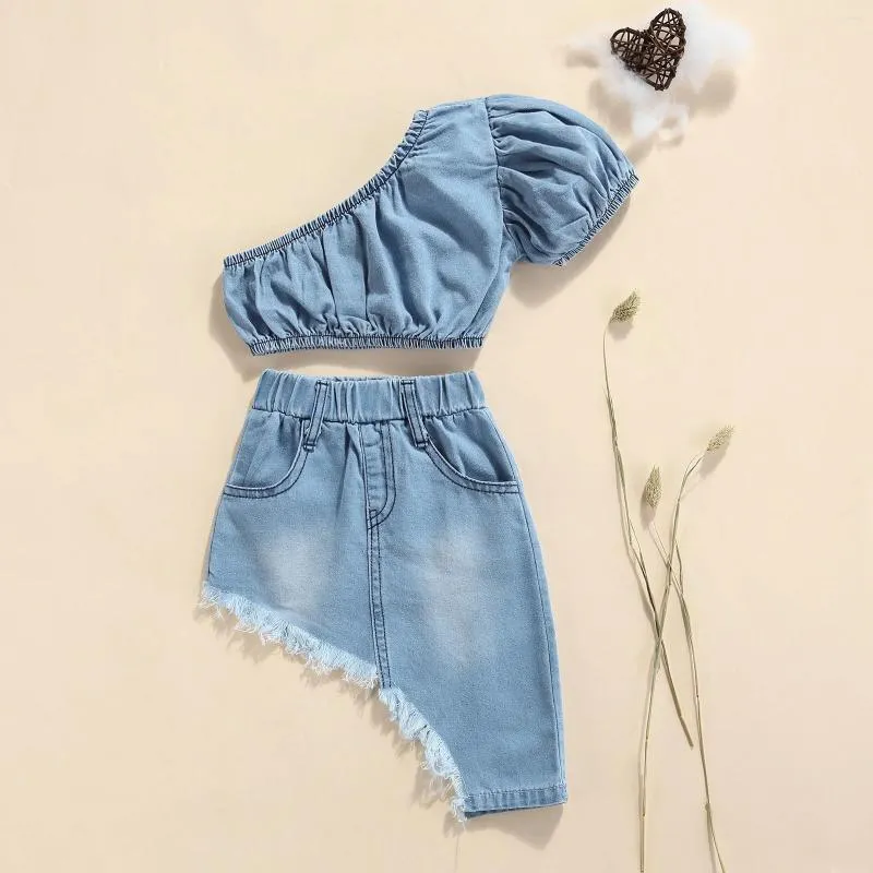 Set di abbigliamento da 1-5 anni BAMBINI Abbigliamento estivo set per bambini denim una spalla a soffio a maniche corte top gonne irregolari abiti per bambini