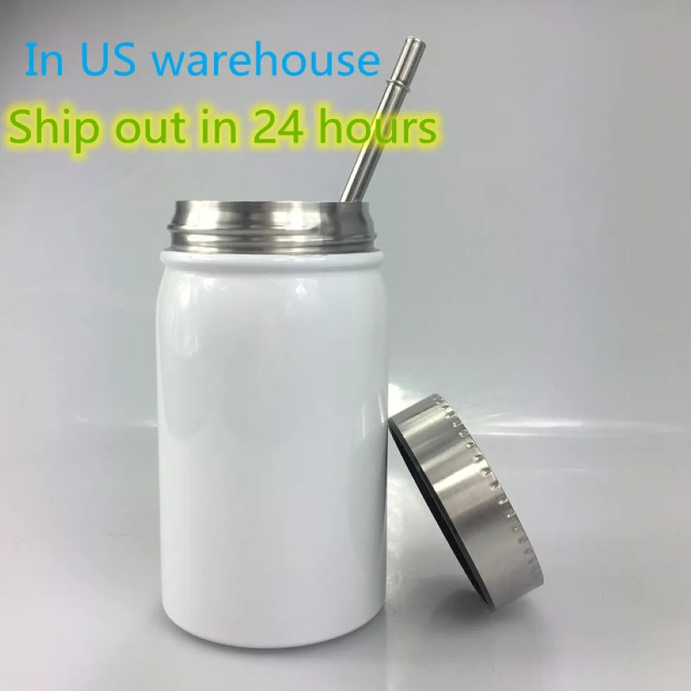 US Warehouse 500 ml sublimering Mason burk muggar rostfritt stål kaffekopp bärbar värmeisolering tumbler dammsäker flaska med metall lock halm b6 240a